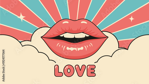 Retro pop art illustration featuring large pink lips and the word LOVE over a beige cloud and sunburst background in teal and coral colors.