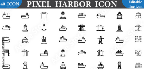 Pixel harbor icon set in editable line style 