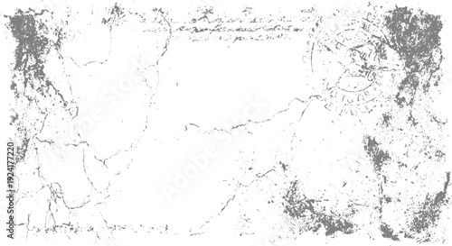 Textured grey distressed paper background with circular stamp impression and cracked surface grunge