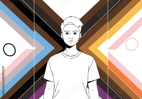 Young person stands against a backdrop of the pride flag colors representing inclusivity diversity and equality concepts