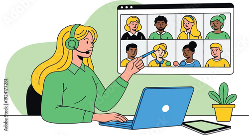 Woman with headset on laptop video conferencing with diverse team