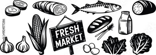 Clean minimalist vector graphic design layout of fresh market food items, a monochrome illustration for healthy eating and culinary themes