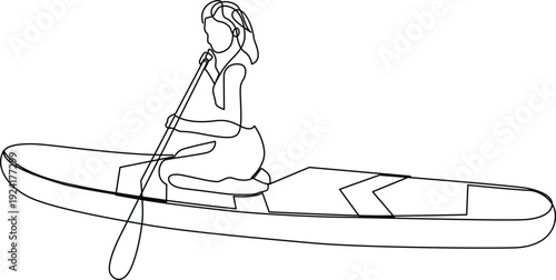 A woman is paddling a kayak on a calm body of water. Vector