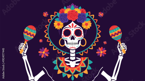 Day of the Dead skeleton woman with a colorful flower crown playing maracas against a dark purple background, celebrating the Mexican heritage.
