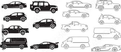 Car silhouettes vector collection. Modern automobile outline shapes set including sedan, SUV, hatchback and sports car side view icons