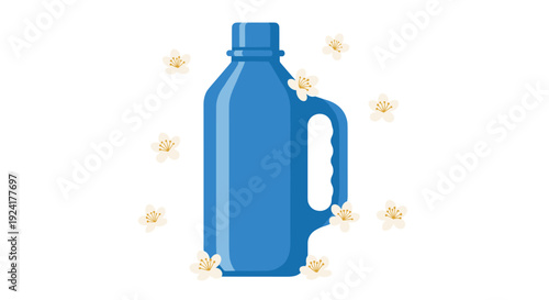 A blue plastic laundry detergent bottle with a handle is surrounded by small white flowers floating in the air on a light background.