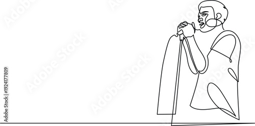 A man is wearing a coat and holding a microphone while speaking to a crowd. Vector