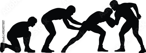 American Football Players Silhouette Set in Action, Quarterback and Tackling Poses, Dynamic Rugby Style Sports Illustration Isolated on White Background