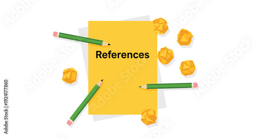 A yellow sheet of paper with the word references is surrounded by three green pencils and orange crumpled paper balls on a white background.