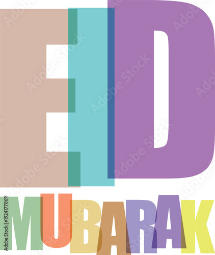 Colorful eid mubarak typography with overlapping pastel letters on white background