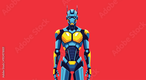 Futuristic robot in advanced powered exosuit armor standing ready