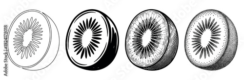 Four artistic black and white kiwi fruit slices are presented horizontally, each rendered with distinct graphic illustration styles including outline, solid fill, engraving, and stipple