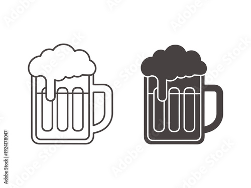 Icon set of beer mugs with frothy foam, in outline and solid black styles, perfect for beverage and pub themes.