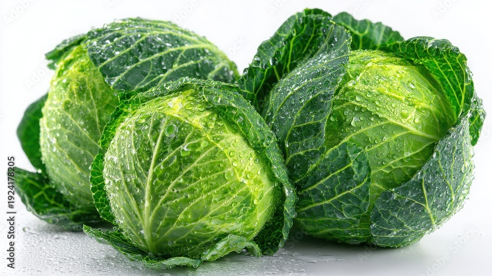 Fototapeta premium Freshly Harvested Green Cabbage with Water Droplets on Leaves Highlighting Freshness and Healthy Eating for Culinary Uses and Food Photography