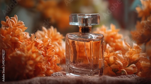 Elegant glass perfume bottle surrounded by vibrant orange flowers, capturing the essence of beauty, luxury and nature in a dreamy, soft-focus setting