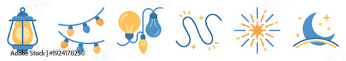 Various flat design light and night icons, showcasing a lantern, string lights, light bulbs, a sparkling wire, a sunburst, and a crescent moon with stars