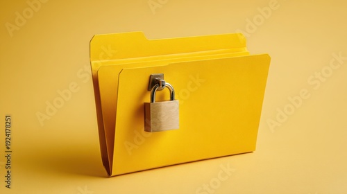 Yellow file folder secured with a padlock on a vibrant yellow background, symbolizing data protection and confidentiality in a modern office setting