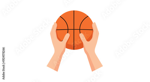 A pair of hands is illustrated holding an orange basketball from the sides with thumbs visible against a solid white background.