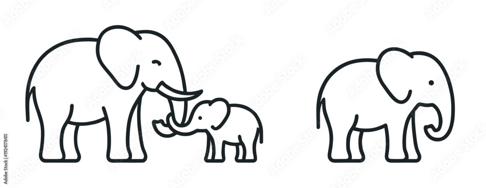 Fototapeta premium Three simple black line art elephants are illustrated, showing an adult and baby interacting tenderly, alongside another adult standing alone, conveying themes of family and individuality