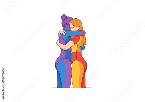 Two individuals embrace closely sharing a moment of connection and understanding depicted with abstract multicolored forms and clean lines on a white