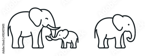 Three simple black line art elephants are illustrated, showing an adult and baby interacting tenderly, alongside another adult standing alone, conveying themes of family and individuality