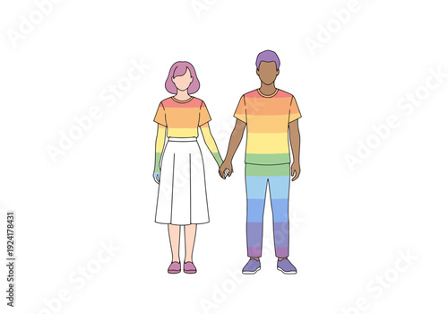 Diverse Couple Holding Hands Wearing Rainbow Striped Clothing Representing Pride and Inclusivity