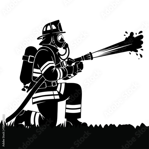 Firefighter Spraying Water Hose Silhouette Icon