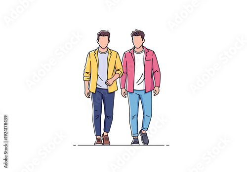 Two young men walking together on a plain white background representing friendship and companionship side by side in casual attire with modern style