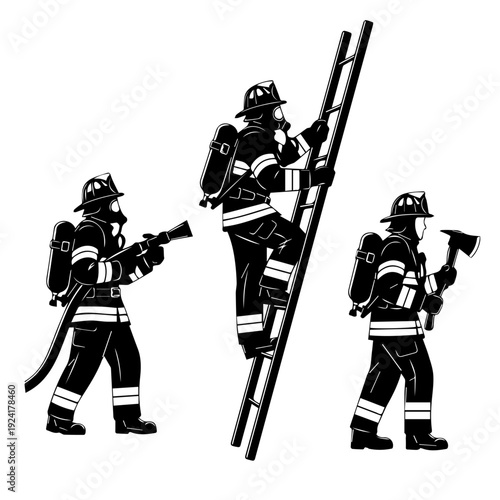 Firefighter Climbing Ladder with Hose and Axe Silhouette Set