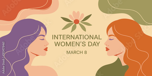 Illustration for international womens day on march 8 with women facing each other