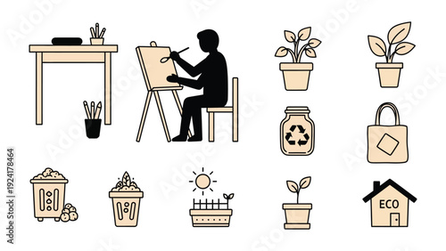 Eco-friendly Artist and Sustainable Living: A minimalist illustration of an artist at work surrounded by elements of sustainable living.