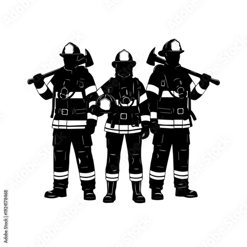 Firefighter Team Standing with Tools Silhouette Icon