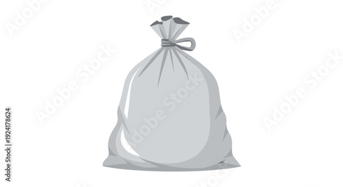 A single grey fabric sack tied tightly at the top with a knot and showing various folds and shadows on white.
