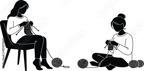 Women Knitting Wool Yarn Silhouette Vector Illustration Set of Female Characters Crafting Handmade Knitwear for Hobby, Relaxation, DIY Craft, and Creative Lifestyle Design