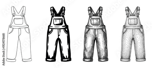 Four distinct black and white illustrated overalls are presented, each showcasing a unique artistic style ranging from simple line art to intricate engraving and stipple textures