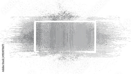 Gray dots and lines forming abstract pattern with central rectangular area and scattered particles