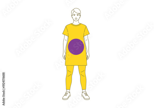 Person Depiction Wearing Yellow Tunic And Leggings With Purple Circle Emblem On Torso Advertising Display