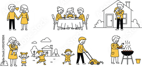 Happy Family Daily Life Scenes Outline Vector Illustration Set with Parents and Children Activities Including Dining, Gardening, Playing, and Home Lifestyle Moments Collection