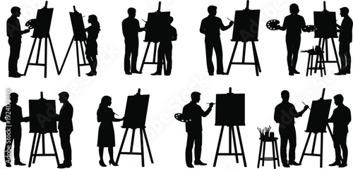 Artists Painting on Canvas Silhouette Set Collection of Painters with Easels and Palettes Creative Art Studio Activity Vector Illustration for Art, Education, and Hobby Design