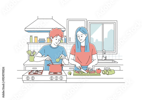 Couple Cooking Together Preparing Healthy Meal In Modern Kitchen Scene Healthy Lifestyle Food Preparation Activities Domestic Life Culinary Hobby