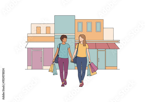 Two women holding hands walk down a street with shopping bags in front of storefronts casual fashion modern city lifestyle vector illustration