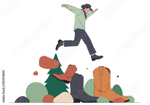 A modern illustration depicts a man leaping over a pile of cowboy boots, embodying a playful transition. Clean lines and a minimalist style create a vibrant, engaging visual.