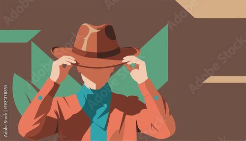 A professional cowboy adjusts his hat, showcasing a stylish promo layout with a rustic backdrop. Bold colors and graphic elements create a strong visual impact.