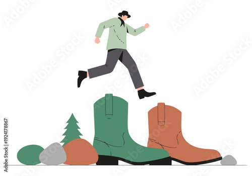 A modern cowboy leaps over giant boots, embodying a contemporary take on the classic Western archetype. Bold colors and a playful illustration style.