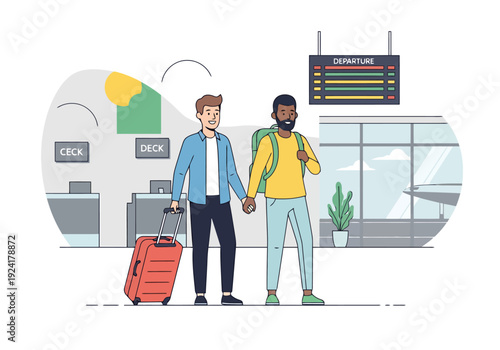 Couple Holding Hands Traveling Together At Airport Terminal With Luggage And Departure Board Ready For Journey