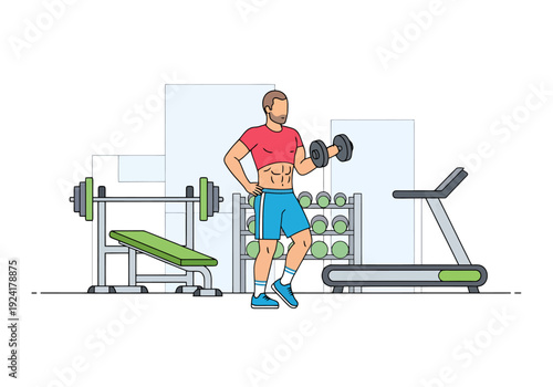 Man Exercising With Dumbbells Bench Press And Treadmill In Modern Gym Equipment Workout Fitness Training And Active Lifestyle