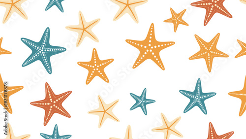 Seamless pattern of colorful starfish scattered across a white background for nautical and ocean themed summer designs.