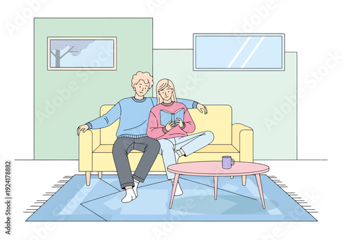 Young Couple Relaxing Together On Sofa Reading Book In Cozy Living Room Interior Scene Leisure Activity Home Atmosphere Relationships