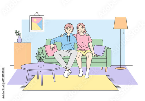 Two friends spending quality time together relaxing on a comfortable sofa in a cozy indoor living room enjoying each others company