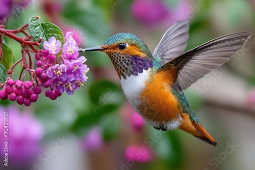 Hummingbird Hovering Near Purple Flowers